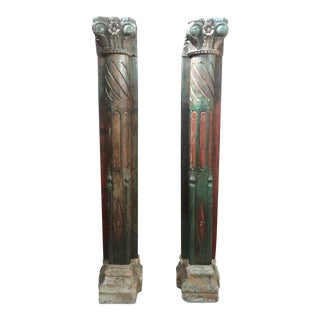 1920s Vintage Painted Carved Wall Mounted Teak Wood Columns- A Pair For Sale