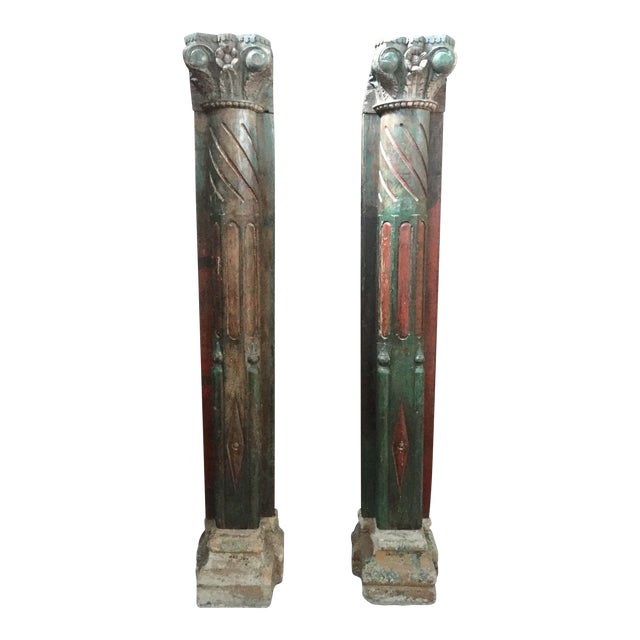 1920s Vintage Painted Carved Wall Mounted Teak Wood Columns- A Pair For Sale