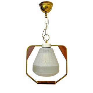 Danish Teak Brass and Glass Pendant Lamp, 1960s For Sale