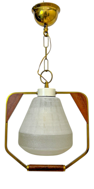 Danish Teak Brass and Glass Pendant Lamp, 1960s