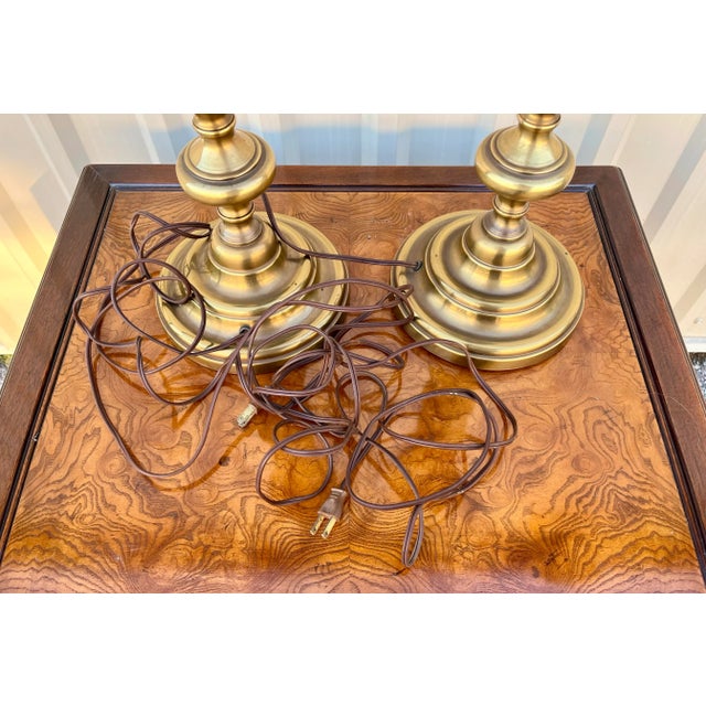 Mid Century Vertical Stacked Brass Bobbin Lamps- A Pair For Sale - Image 11 of 12