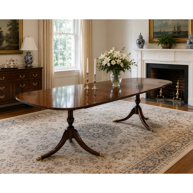 A distinguished double pedestal dining table by Charak Furniture Company of Boston, dated 1954. Crafted in the refined...