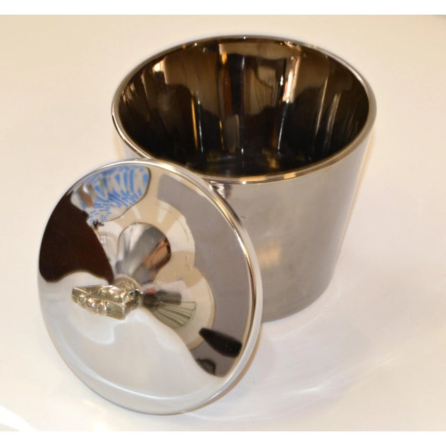 Bloomingdale's 1970s Art Deco Style Barware Steel Martini Ice Bucked Insulated Black Mirrored Glass Brass Handle For Sale - Image 4 of 13