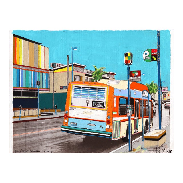 Bus Stop at Manhattan Beach - Original Color Drenched Urban Landscape Still Life Artwork Framed by Fabio Coruzzi For Sale