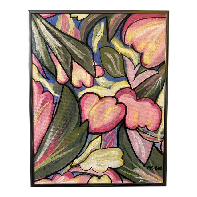 Modern Abstract Floral Acrylic Painting OnCanvas Panel, “Love Pink Summer,” Signed, Dated, Framed For Sale