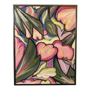 Modern Abstract Floral Acrylic Painting OnCanvas Panel, “Love Pink Summer,” Signed, Dated, Framed
