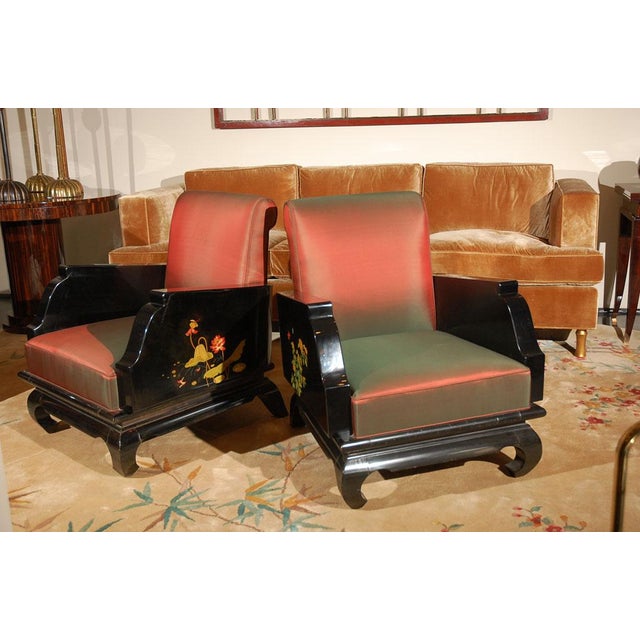 Art Deco 1920s Pair of Hand-Painted Chinoiserie Armchairs For Sale - Image 3 of 7