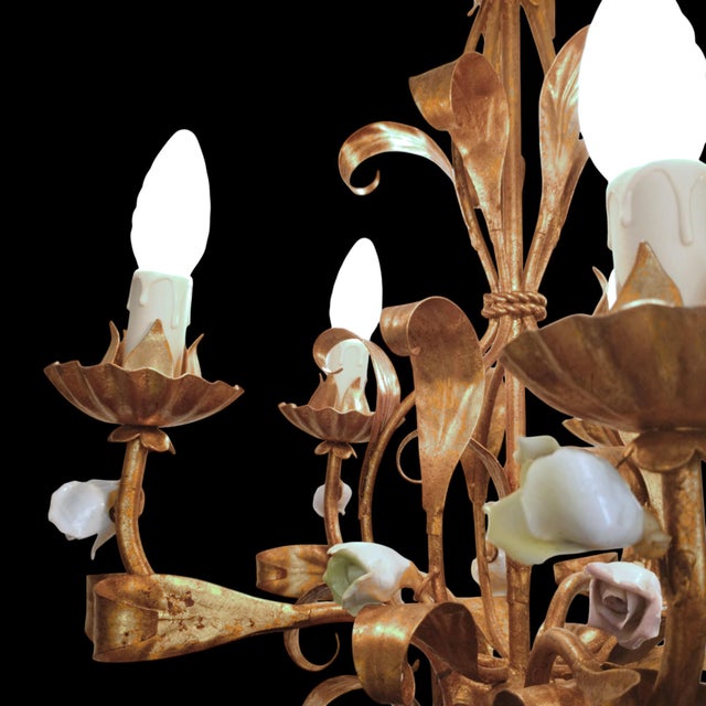 Vintage Hollywood Regency Florentine Five-Arm Metal Chandelier with Porcelain Flowers, 1970s For Sale - Image 17 of 18