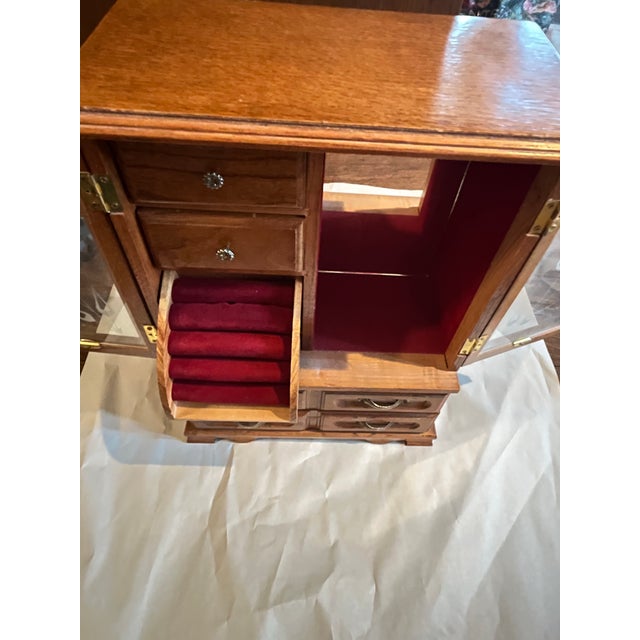 Large Vintage Jewelry Box Armoire Chest 16" Wood 2 Floral Rose Etched Glass Doors 5 Drawers Red Velvet Mirror Hooks Cottage Core For Sale In Phoenix - Image 6 of 10