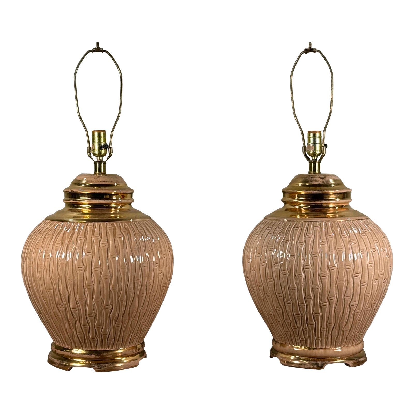 Vintage Ceramic Faux Bamboo Table Lamps With Gold Accents - A Pair