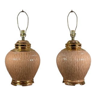 Vintage Ceramic Faux Bamboo Table Lamps With Gold Accents - A Pair For Sale