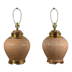 Vintage Ceramic Faux Bamboo Table Lamps With Gold Accents - A Pair