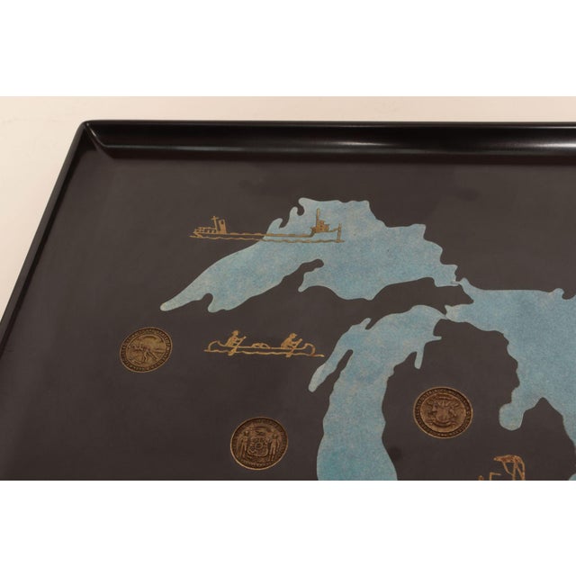 Large Mid-Century Black Resin Pigment and Brass Inlaid "Great Lakes" Tray by Couroc For Sale - Image 10 of 12