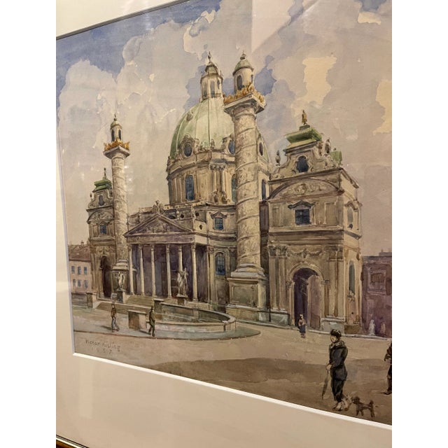 1957 Original Architectural Watercolor Painting, Framed For Sale - Image 4 of 7