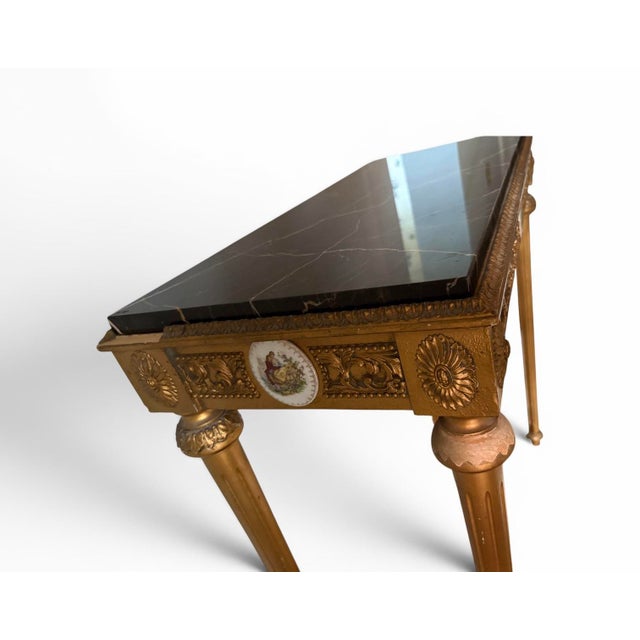 Stone Antique French Louis XVI Style Marble Top Gilt Console Table For Sale - Image 7 of 10