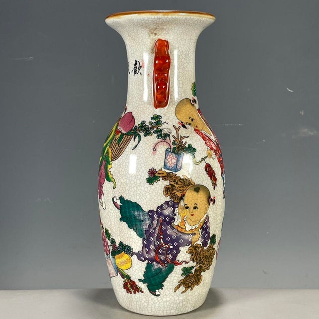Chinese Vintage Chinese Crackle Glaze Famille Rose "Boys Playing" Vase With Red Handles For Sale - Image 3 of 9