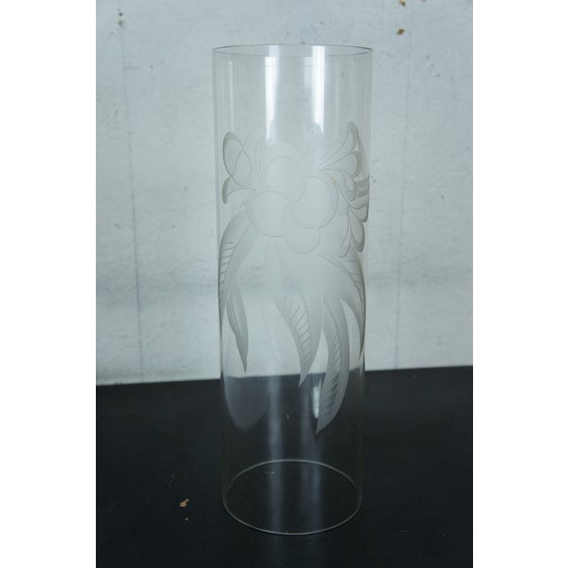 Pair of Large Late 20th Century Floral Etched Tall Glass Cylinder Hurricane Candle Shades For Sale - Image 4 of 12