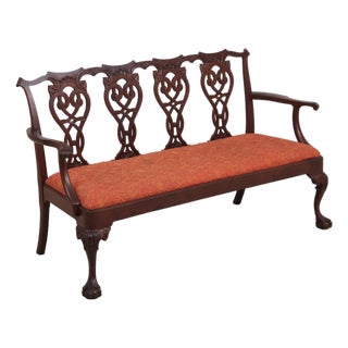 Vintage Carved Mahogany Triple Back Settee Bench For Sale