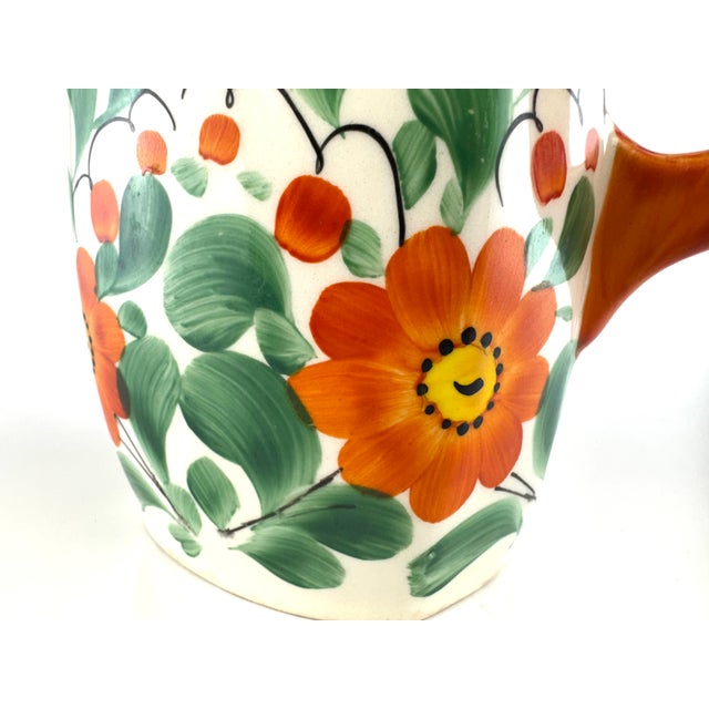 Vintage Czech Hand-Painted Floral Pitcher – Czechoslovakia Folk Art Pottery Jug For Sale In Little Rock - Image 6 of 12