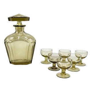 Mid-Century Modern Amber Glass Decanter and Six Liqueur Glasses, 1950s, Set of 7 For Sale
