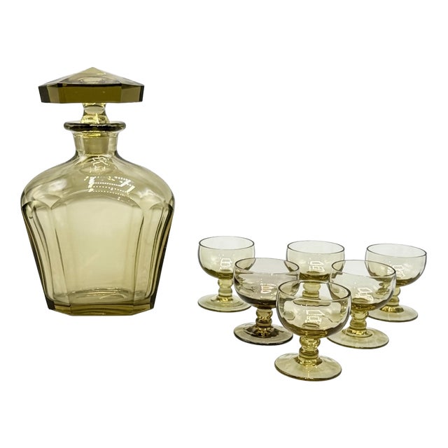 Mid-Century Modern Amber Glass Decanter and Six Liqueur Glasses, 1950s, Set of 7 For Sale