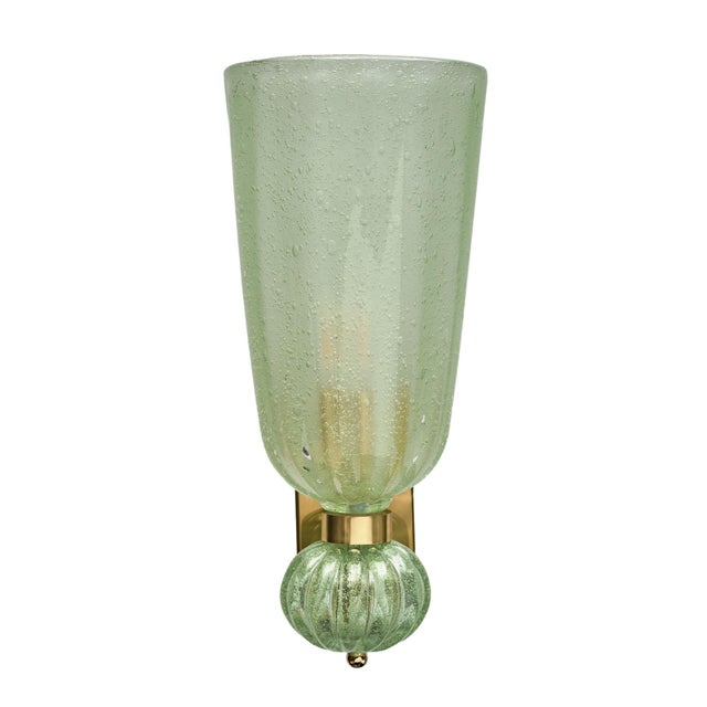 Contemporary Contemporary Pale Green Murano Glass and Brass Sconces - a Pair For Sale - Image 3 of 10