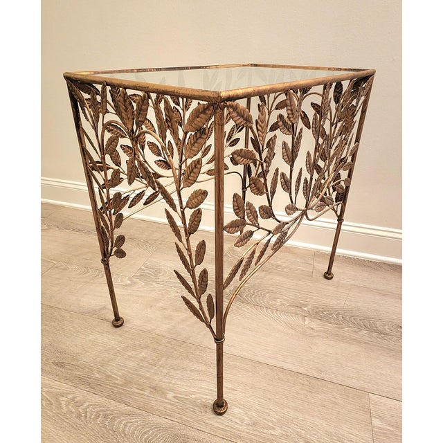 Metal Vintage French Botanical Sweet and Petite Gilded Tole Glass Top Side Tables-a Pair For Sale - Image 7 of 8