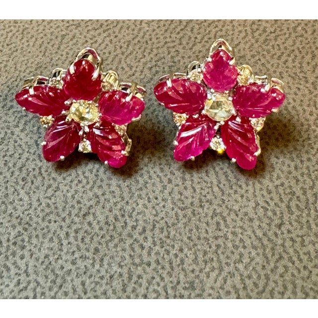 Tutti Frutti Earrings Natural Ruby Carved Leaves & Diamond Earrings in 18 KWG For Sale - Image 12 of 18