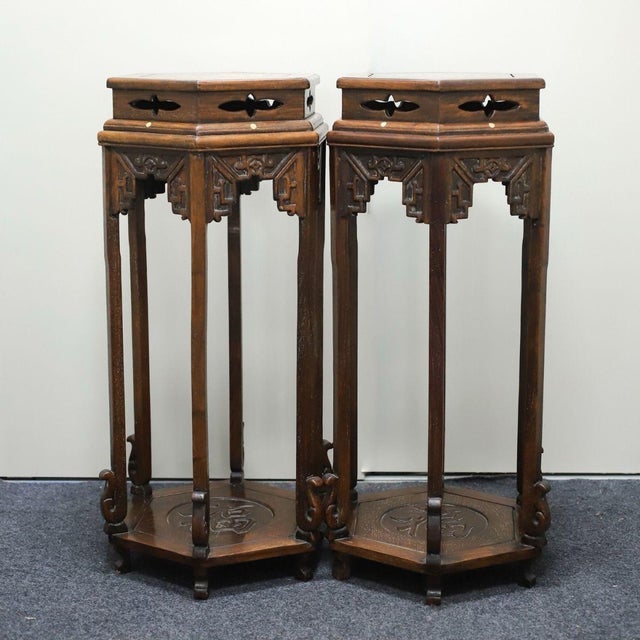 Pair of Vintage Chinese Hardwood Inlaid Hexagonal Pedestal Tables (Flower Stands) For Sale - Image 12 of 12