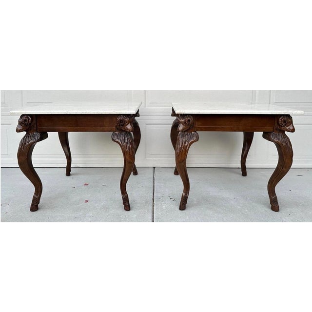Wood Vintage Ram’s Head Carved Walnut & Travertine Side Tables Attributed to Minton Spidell – Pair For Sale - Image 7 of 18
