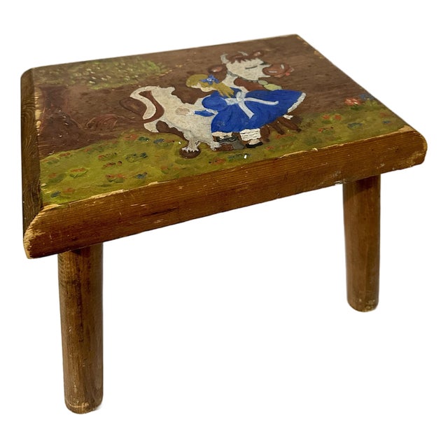 Vintage 1970s/1908s Hand Crafted Wooden Folk Art Foot Stool For Sale