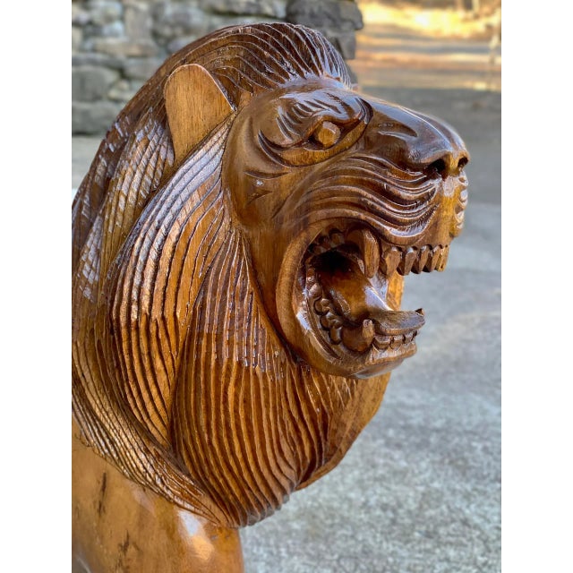 Vintage Large Traditional Mahogany African Lion Carved Floor Sculpture Statue For Sale - Image 6 of 7