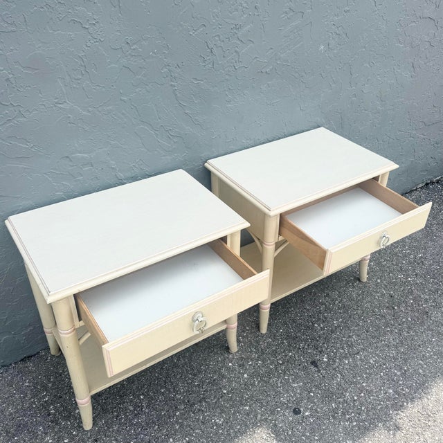 Coastal Vintage Coastal Faux Bamboo Cream and Pink Nightstands by Thomasville - A Pair For Sale - Image 3 of 9