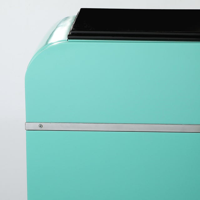 Donald Deskey Art Deco Robin's Egg Blue Lacquer & Brushed Aluminum High Chest by Donald Deskey For Sale - Image 4 of 12