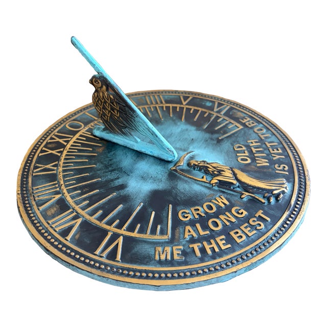 Vintage English Country Iron Verdigris Garden Sundial "Grow Old Along With Me" For Sale