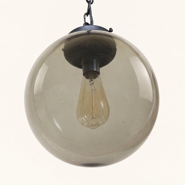 1970s Mid Century Modern Smoked Glass Globe Pendant Light, Black Metal, Ceiling Fixture For Sale - Image 6 of 13