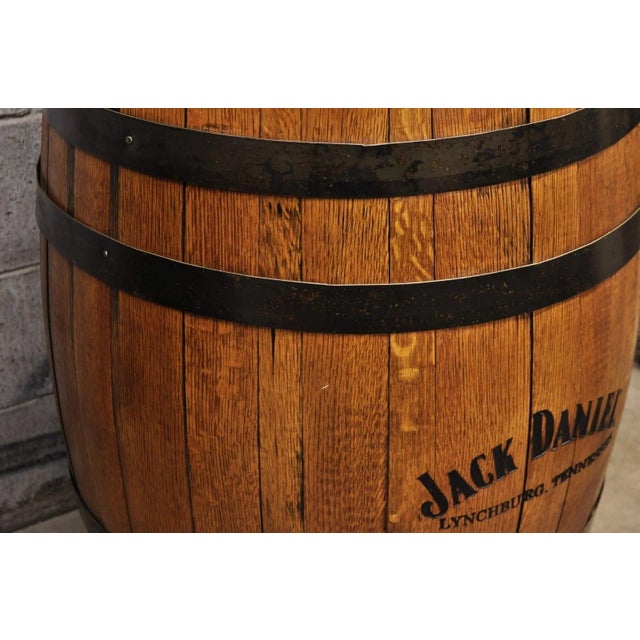 Late 20th Century Jack Daniels Whiskey Barrel Engraved Oak Wood With Metal Bands For Sale - Image 5 of 12