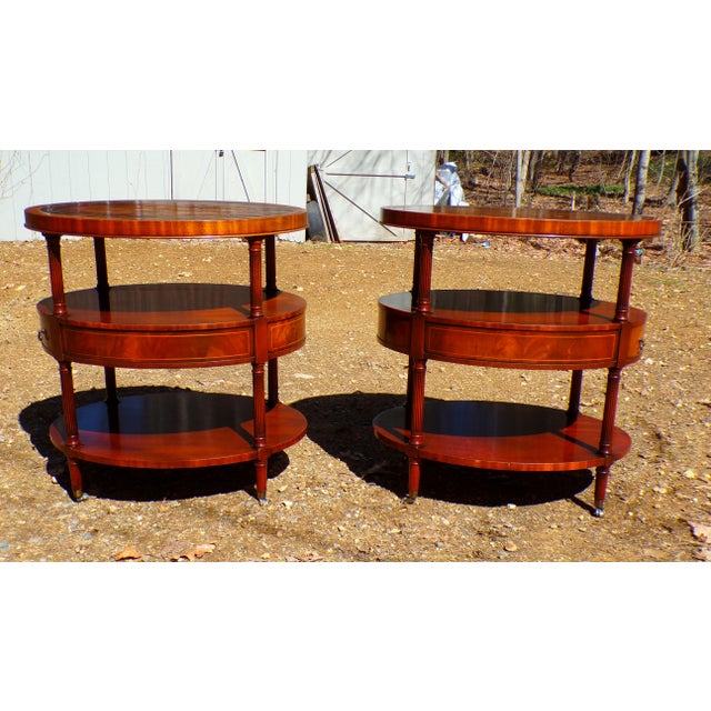 Vintage Pair Weiman Heirloom Mahogany Leather Top Oval Lamp Tables For Sale - Image 13 of 18