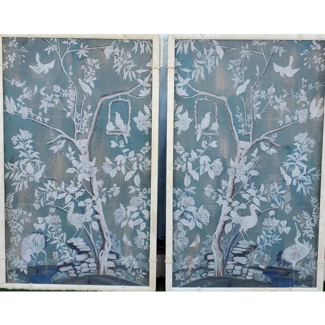 1970s Pair of Chinoiserie Paintings Wall Panels in Custom Carved Wood Frames For Sale - Image 12 of 12