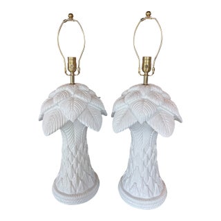 Vtg. Pair Plaster White Lacquered Palm Beach Tree Table Lamps Newly Wired Brass For Sale