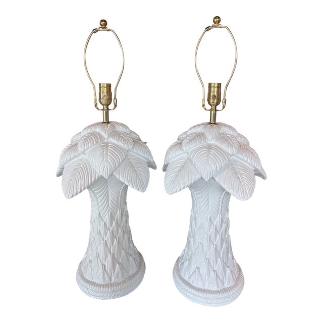 Vtg. Pair Plaster White Lacquered Palm Beach Tree Table Lamps Newly Wired Brass For Sale