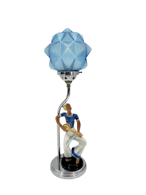 Art Deco Table Lamp with Glazed Ceramic Figure of Matrosine with a Star-Shaped Lamp Glass in Blue, Germany, 1930s
