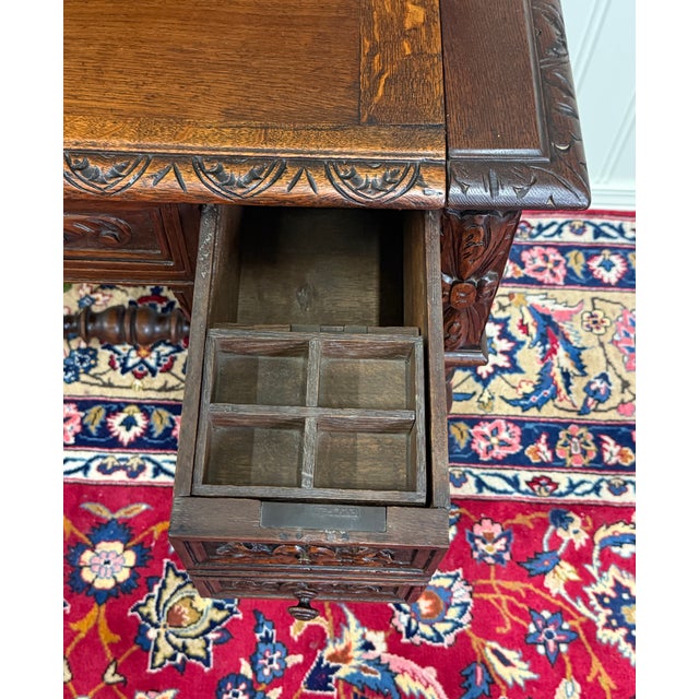 Antique French Petite Barley Twist Desk Carved Oak Renaissance Revival c.1890 For Sale - Image 13 of 18