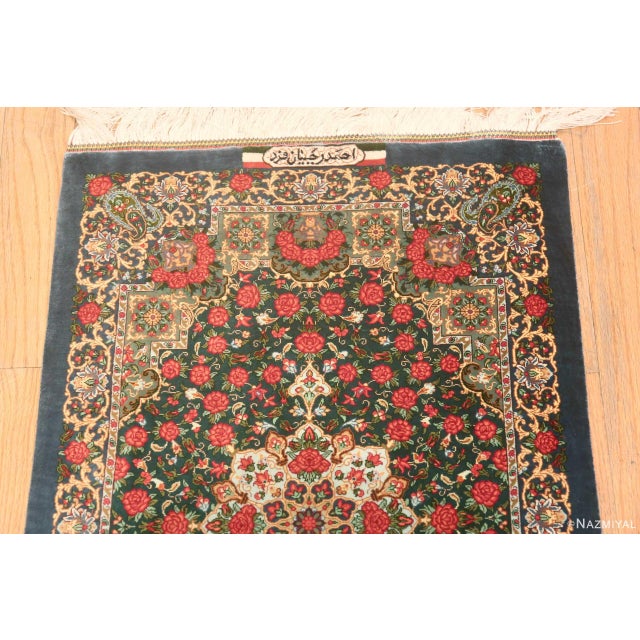 Textile Nazmiyal Collection 1950s Green Floral Vintage Persian Silk Qum Rug For Sale - Image 7 of 8