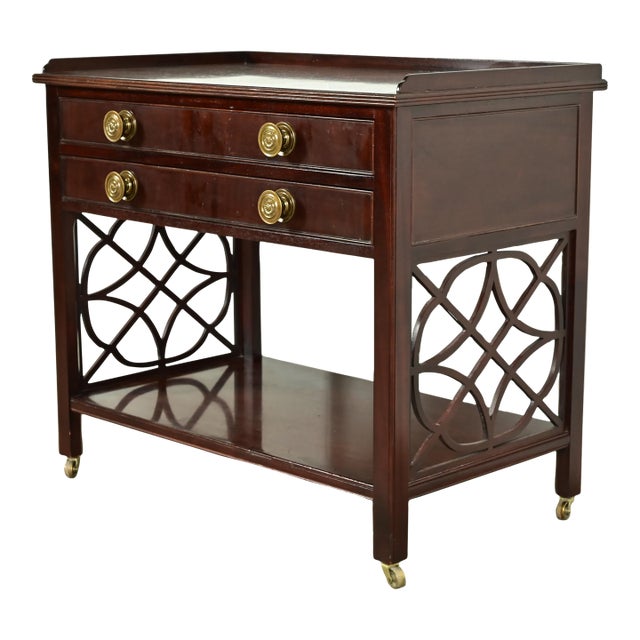 Baker Furniture Historic Charleston Chippendale Carved Mahogany Rolling Buffet Server or Bar Cart For Sale