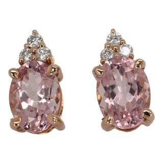 2.4ct Pink Morganite and Diamond Earring Studs: Solid 14k Gold, , A Pair For Sale
