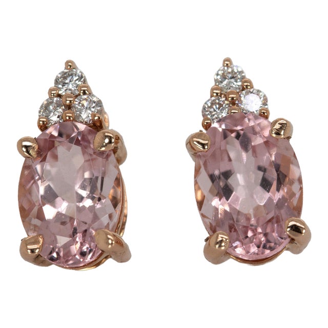 2.4ct Pink Morganite and Diamond Earring Studs: Solid 14k Gold, , A Pair For Sale