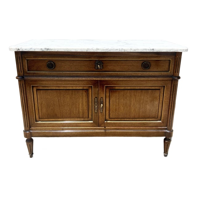 French 19th Century Louis XVI Walnut Carrara Marble Top Two Door Buffet For Sale
