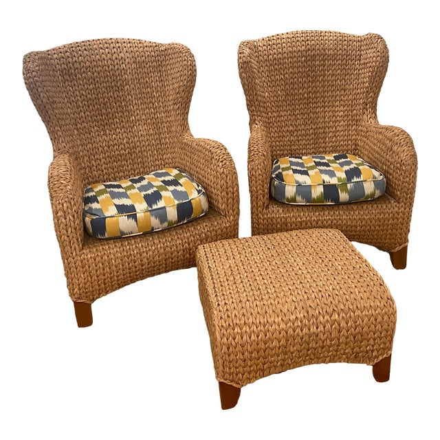 Pottery Barn Seagrass Light Honey Colored Wingback Chairs With Ottoman