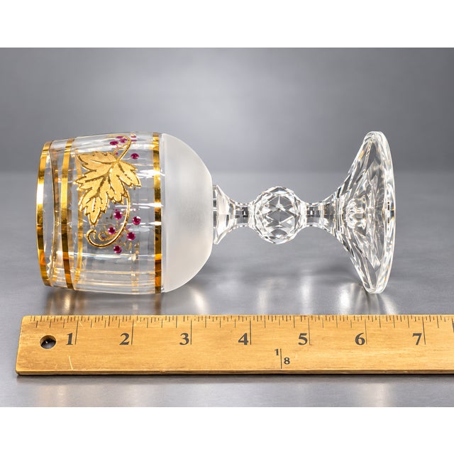 Vintage Bohemian-Style Frosted Glass Decanter & 4 Cordial Glasses — Gilt Grape Leaves & Purple Berries 5 pcs For Sale - Image 4 of 6